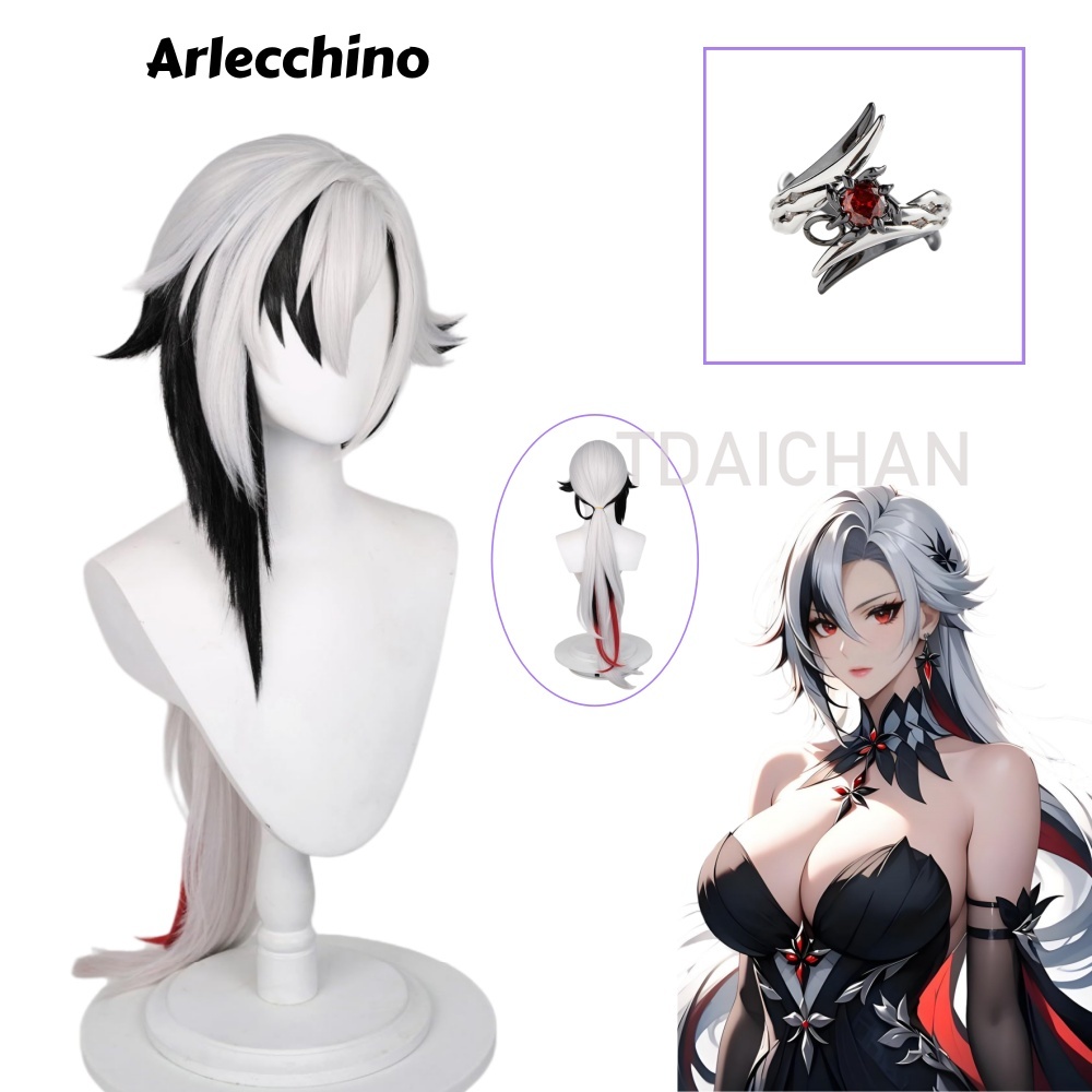 Synthetic Wigs - Genshin Impact Arlecchino Cosplay-Perücke, lang, silberfarben,